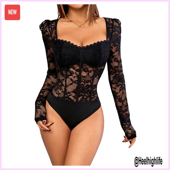 Floral Lace Long Sleeve V Neck Corset Bodysuit Slim Fit Leotard